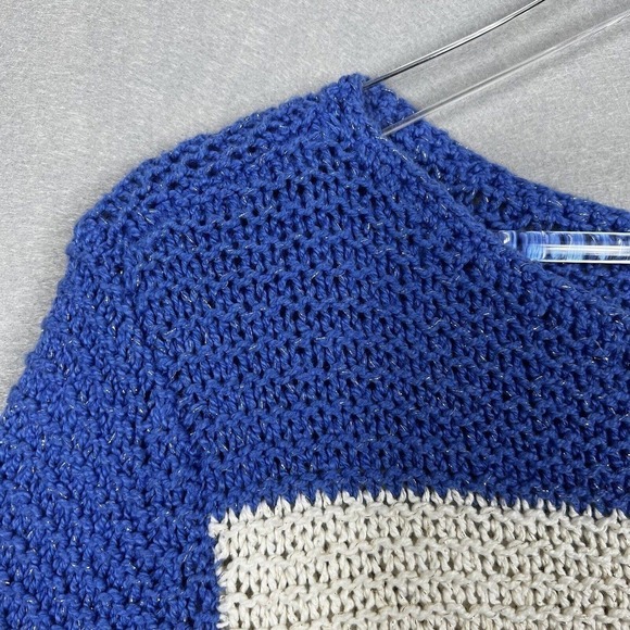 Chico's Sweater Top Size 3/XL Blue Striped Metallic Gold Open Knit Pullover - Picture 6 of 13